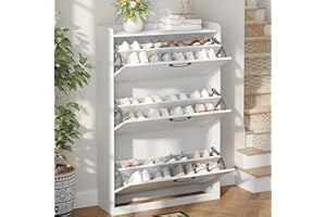 Maupvit Shoe Storage Cabinet with 3 Flip Louvered Doors, Freestanding Organizer with Metal Hinges, Shoe Cabinet for Entryway, Narrow Shoe Rack Cabinet, White