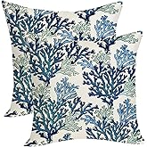 Summer Coastal Pillow Covers 18x18 Pack of 2 Navy Blue Coral Throw Pillow Cover Coral Branch Ocean Themed Beach Decor Pillowcase Beachy Nautical Cushion Case for Sofa Couch Outdoor Decor