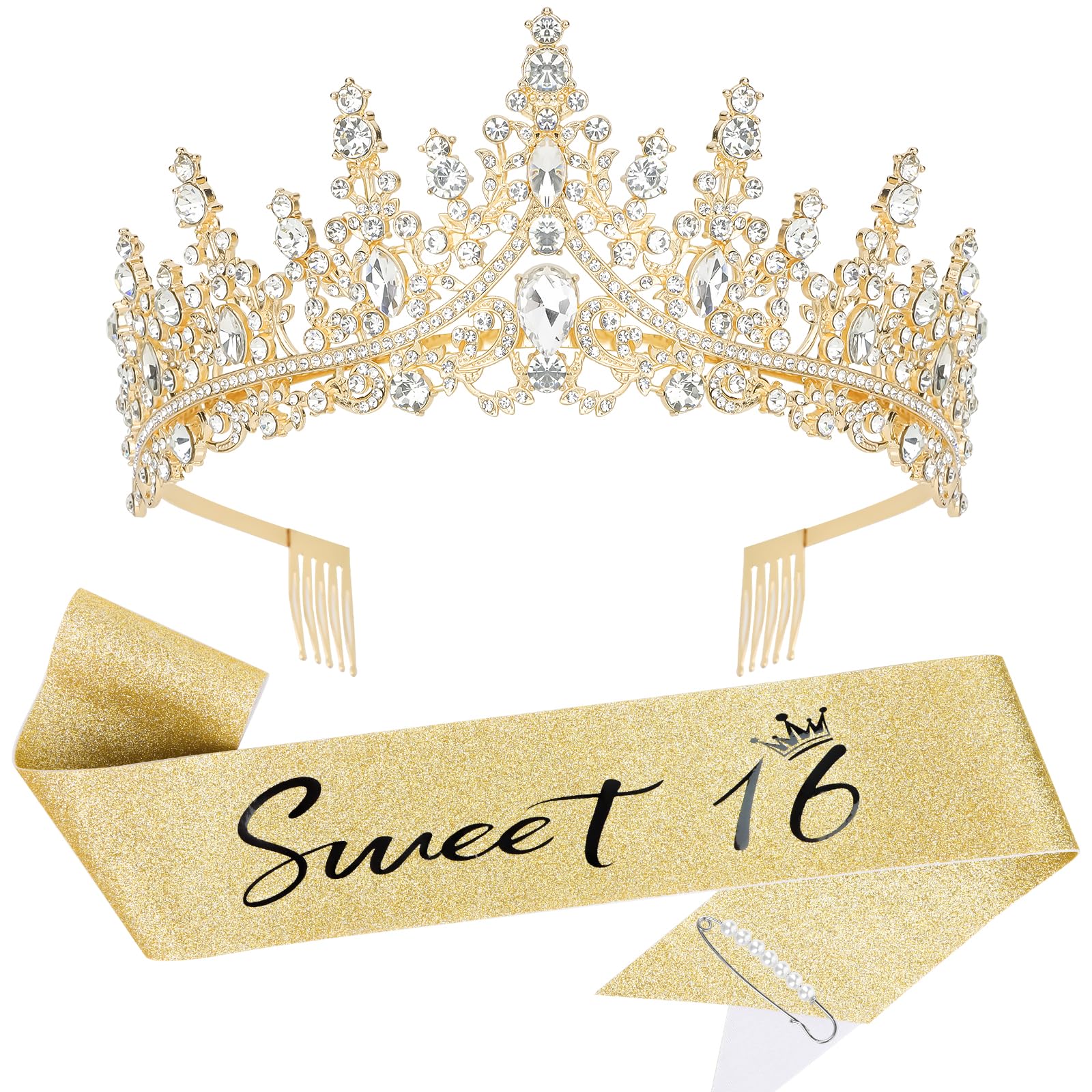 Photo 1 of Casoty 16th Birthday Sash and Tiara for Girls, 16th Birthday Decorations Gifts for Girls, Gold Crown and Sweet 16" Sash Set with Pearl Pin