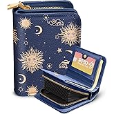 Bistup Credit Card Holder Wallet for Women - Cute Leather Ladies Teen Girls Female Cardholder Wallets Accordion Purse Small Medium Aesthetic Print Sun Stars Unique Modern Rfid Zipper Around