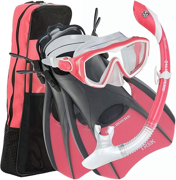 U.S. Divers Diva snorkel set showing Pivot Dry snorkel and hypoallergenic silicone mouthpiece