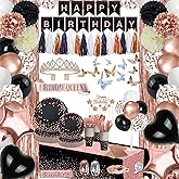 LFSTGN 273 Pcs Rose Gold and Birthday Decorations, Birthday Decorations for Women or Girl Kit - Banner, Balloon, Tiara, Sash, Tableware with Rose Gold Dot and Black for 25 Guests