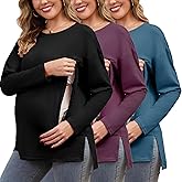 Women's Nursing Tops Long Sleeve Oversized 3 Pack Breastfeeding Shirts with Hidden Zipper Side Split Maternity Clothes