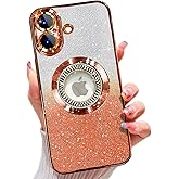 Misscase for iPhone 17 Magnetic Glitter Case Compatible with MagSafe,Full Protection Slim Shockproof Anti-Scratch Case with Camera Lens Protector Plating Bling Dust-Proof Net for Women Orange