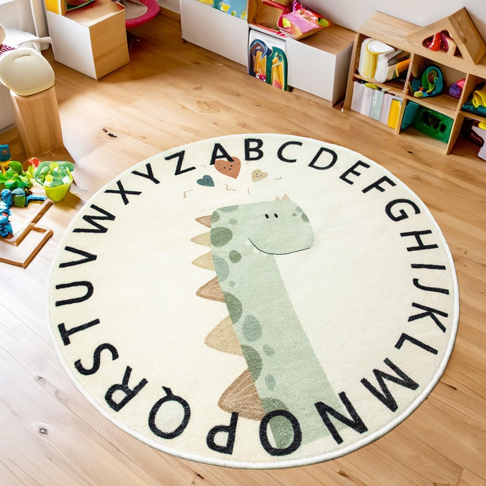 Tapis Design Cartoon Dinosaur Rugs, Soft Cute Childrens Rug, Low Pile Non-slip Washable Kids Carpets for Boys Girls Bedroom Nursery Playroom, Round 60cm, Beige and Duck Egg Blue