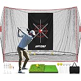 Pro Golf Net, 10x7ft Heavy Duty Golf Practice Net with Mat, Outdoor Indoor Hitting Nets with Noise Reduce Silk Target for Backyard Driving Chipping/Garage Training, Christmas Gifts for Men Boys