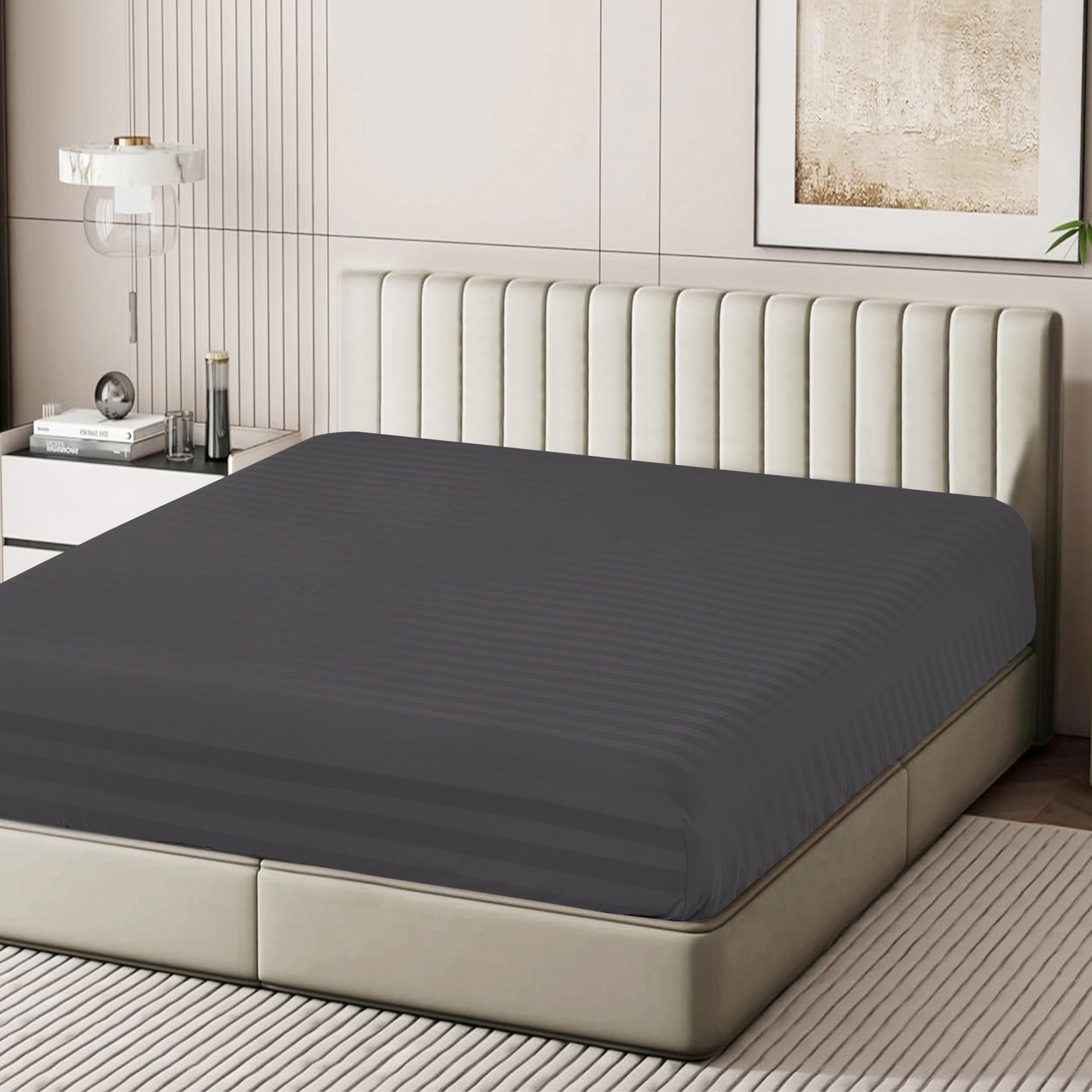 Photo 1 of 100% Egyptian Cotton Fitted Sheet King Size Only, 600 Thread Count, 8"-16" Deep Pocket Sateen Weave Bottom Sheet, Soft Breathable Hotel Quality, Foot Side Indicator (King, Striped Dark Grey)