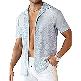 Csqopt Mens Floral Lace Shirt Hollow Out Sheer See Through Short Sleeve Casual Button Down Beach Shirts