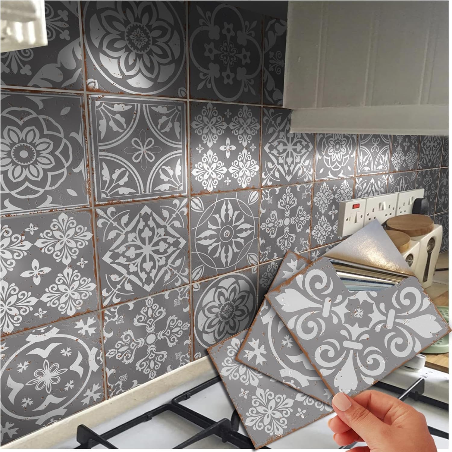 72 Grey Tile Stickers Victorian Moroccan Mosaic Tile Transfers for 6x6inch 15x15cm Kitchen Bathroom Stick On Wall Peel N Stick Decals Shabby Chic Vintage Style (72 Individual Stickers)