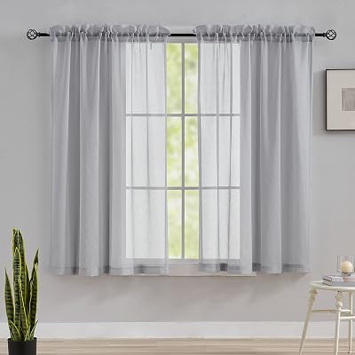 Home Brilliant Short Woven Voile Curtains 54x45 Inch Set of 2 Light Grey