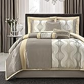 LANCO MODERN LIFESTYLE California King Comforter Set, Grey Gold, 7 Pieces in a Bag, Soft Jacquard with Solid Piecework, Luxury Bed Set with Comforters, Bed Skirt, Pillow Shams and Decorative Pillows