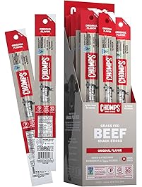 CHOMPS Grass Fed Beef Jerky Snack Sticks - Non-GMO Gluten and Sugar Free 100 Calorie Snacks - Paleo and Keto Friendly - Whole30 Approved - Original Flavor - 1.15 Ounce Stick - Pack of 24