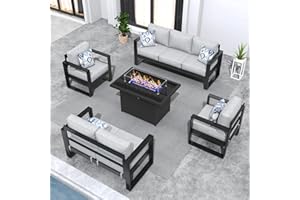 KHOLH 5 Piece Modern Aluminum Patio Furniture Set with Fire Pit Table, Outdoor Patio Sectional Conversation Metal Seating Sets with Olefin Cushion
