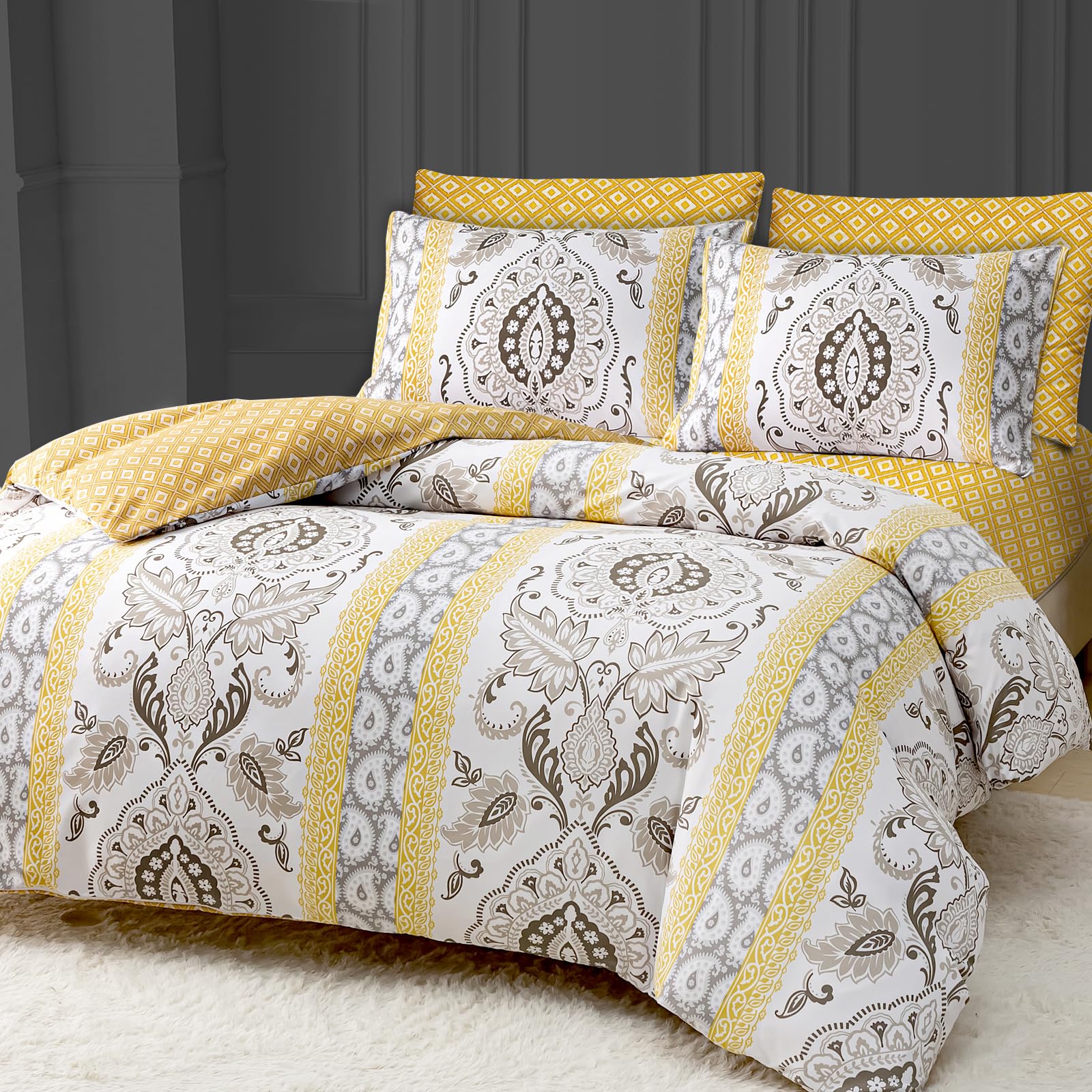 DEKORO Bedding King Size Duvet Cover - Soft Microfibre Duvet Cover Set with Pillow Cases (Beige Floral, King (220 x 230 cm))