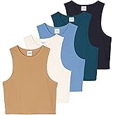 Real Essentials 5 Pack: Women’s Ribbed Crop Tank Tops Sleeveless Racerback Workout, Yoga, Athletic & Casual Shirts