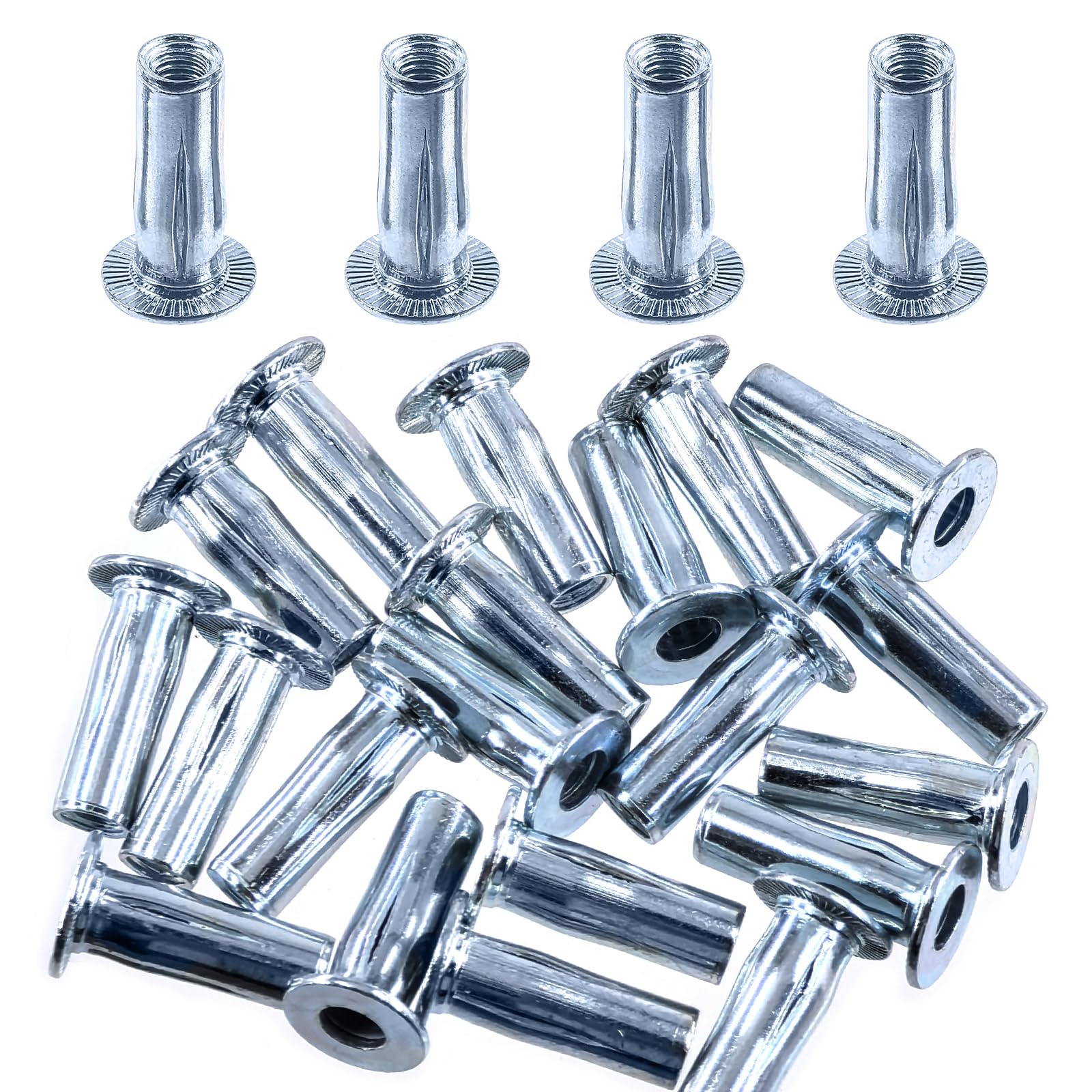 Swpeet 20Pcs M6 Metric Carbon Steel White Zinc-Plated Multi-Grip Rivet Nuts Plus Nuts Rivnuts Kit, Bulbed Shank Flat Head Threaded Insert Nut Construction Fasteners for Industrial