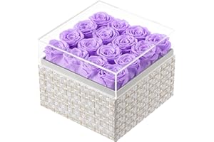 Eterfield Forever Flowers Preserved Flowers for Delivery Prime Real Roses That Last Over a Year Gifts for Her Mothers Day Valentines Day (Square Gold White Plaid Box, 16 Light Purple Roses)