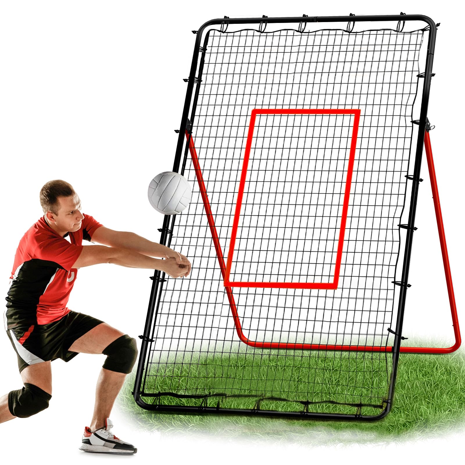Volleyball Rebounder Net - Portable 7x4 ft Training Equipment for Spike and Smash Practice - 5 Rebound Angles Custom Target Area for Volleyball Sports Trainingļ¼Red