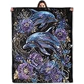 Galaxy Dolphin Throw Blanket for Boys Girls Kids Adults, Cozy Purple Ocean Floral Theme Flannel Blankets Gifts for Camping, Bedroom, Couch, Room Home Decor, 50"x60"
