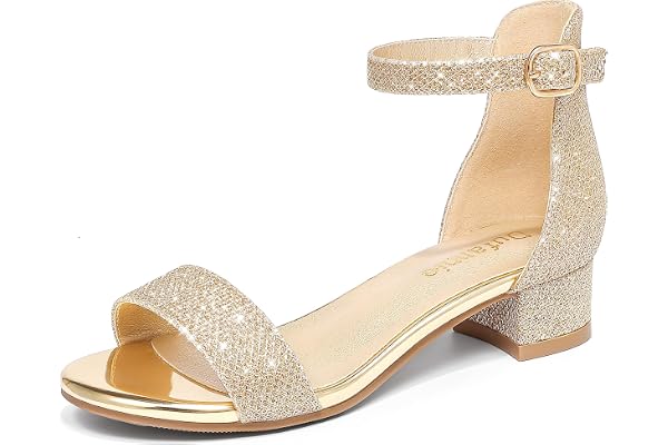 Dufannie Girls Sandals Low Heels Dress Pump Ankle Strap Open Toe Flower Girl Wedding Party for Toddler Little Big Kid