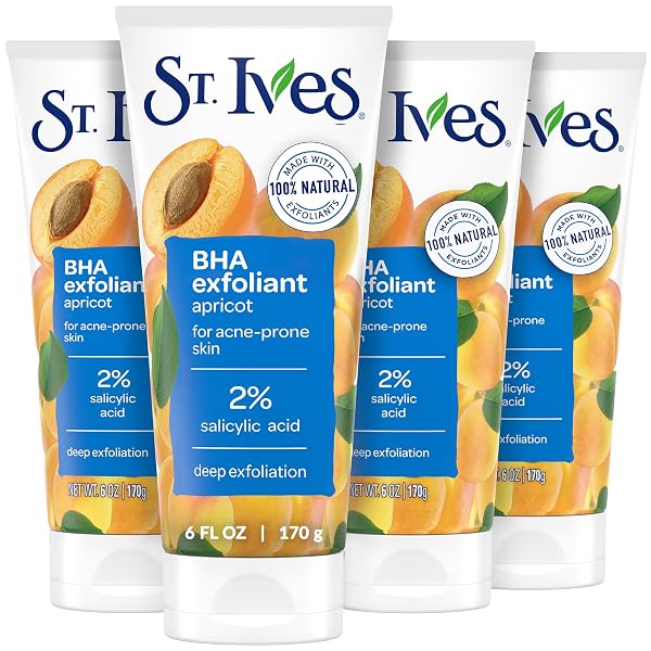 ST. IVES ACNE CONTROL APRICOT FACE SCRUB, DEEP EXFOLIATOR SKIN CARE, PREVENTS ACNE FOR RADIANT SKIN, SALICYLIC ACID ACNE TREATMENT FACIAL SCRUB, MADE WITH 100% NATURAL EXFOLIANTS, 6 OZ, 4 PACK