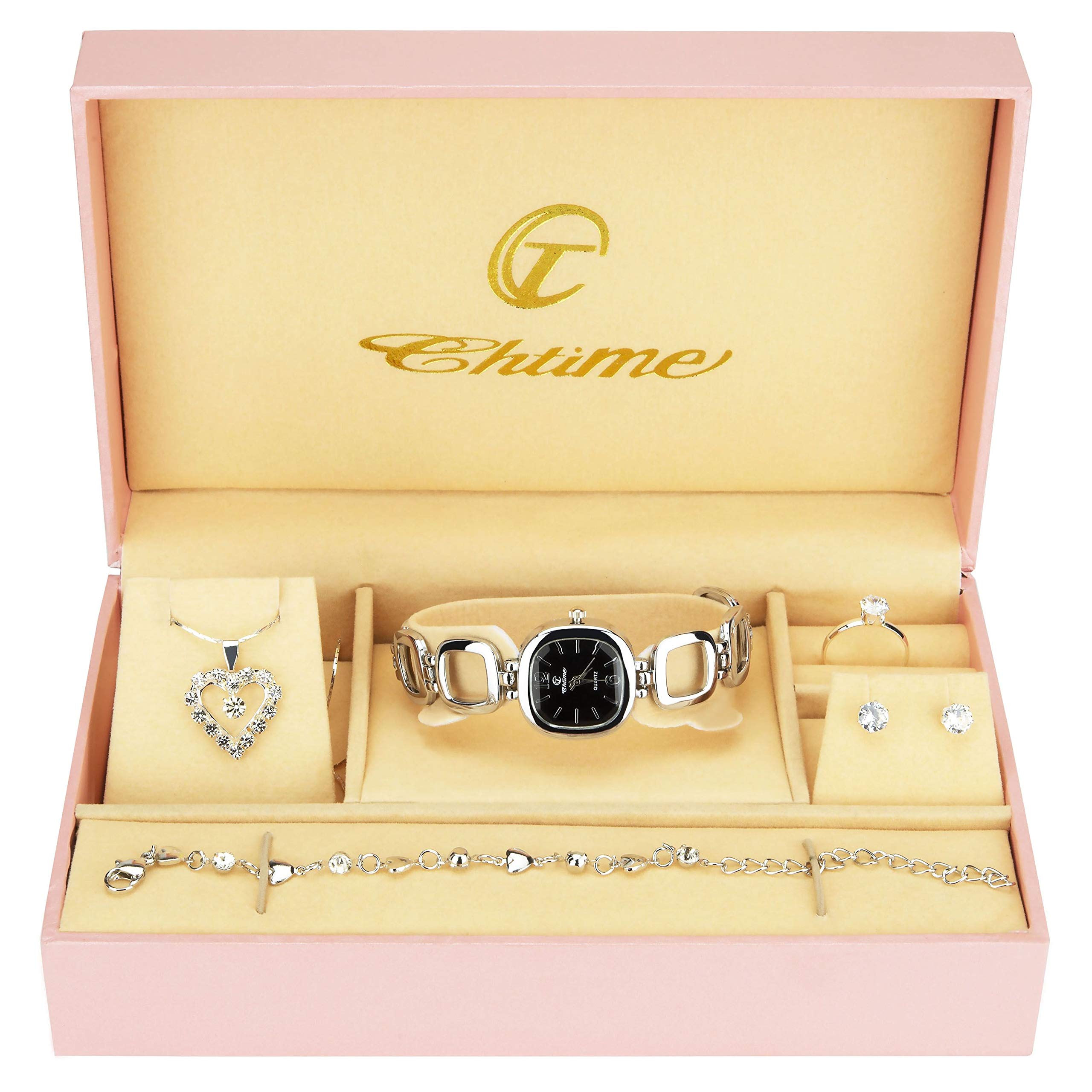 Gift Set Women's Watch Black Silver- Jewelry Set- Necklace-Ring- Earrings - Band