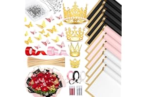 TIDPONRA 449Pcs Flower Bouquet Wrapping Accessories with Floral Wrapping Paper Gold Crowns Butterfly Decorations Gem Pins and Wooden Sticks, Ribbons for Money Bouquet Mother's Day Baby Shower Graduation