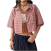 SOLY HUX Women's Button Down Vintage Plaid Shirts Short Sleeve Crop Blouses Preppy Clothes