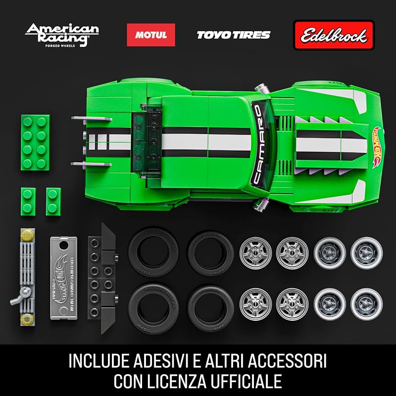 ​​Mattel Brick Shop Hot Wheels - Custom ’68 Camaro Serie Speed, set da costruire con 289 pezzi, dettagli realistici e adesivi per personalizzare l'auto, 10+ anni, JFT16