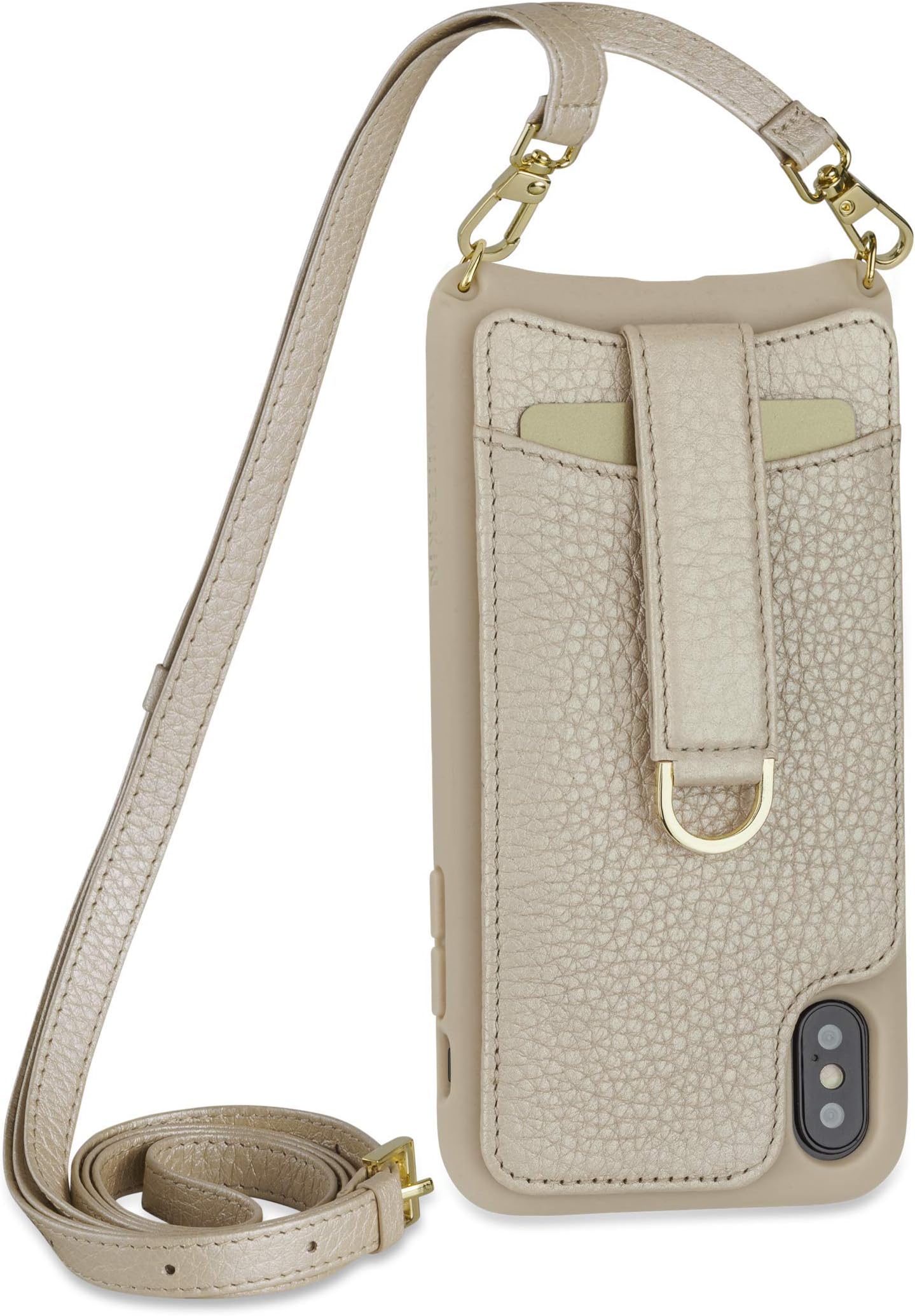 Vaultskin Victoria Crossbody iPhone Leather Wallet Case, Fashionable Bumper for Cards and Cash - Holds up to 8 Cards (Champagne - Leather Strap, iPhone Xs Max)
