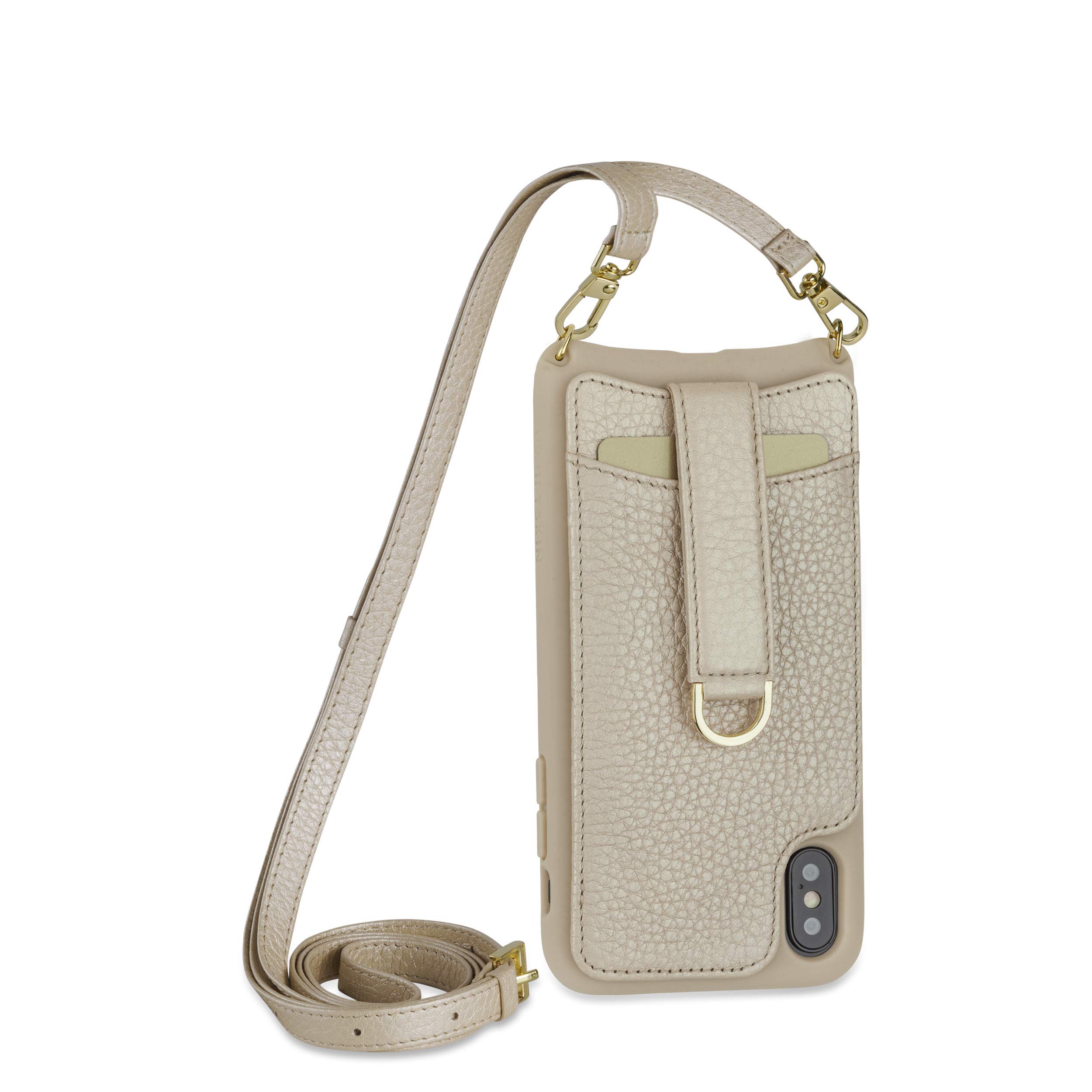 Vaultskin VICTORIA Crossbody Wallet Case, Lanyard with Card Holder (Champagne - Leather Strap, for iPhone XS Max)