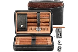 LIHTUN Cigar Humidor, Leather Cedar Wood Travel Cigar Case and Multifunctional 5-in-1 Cigar Lighter Set - Portable Travel Humidor Box, Cigar Gift for Men (Black)