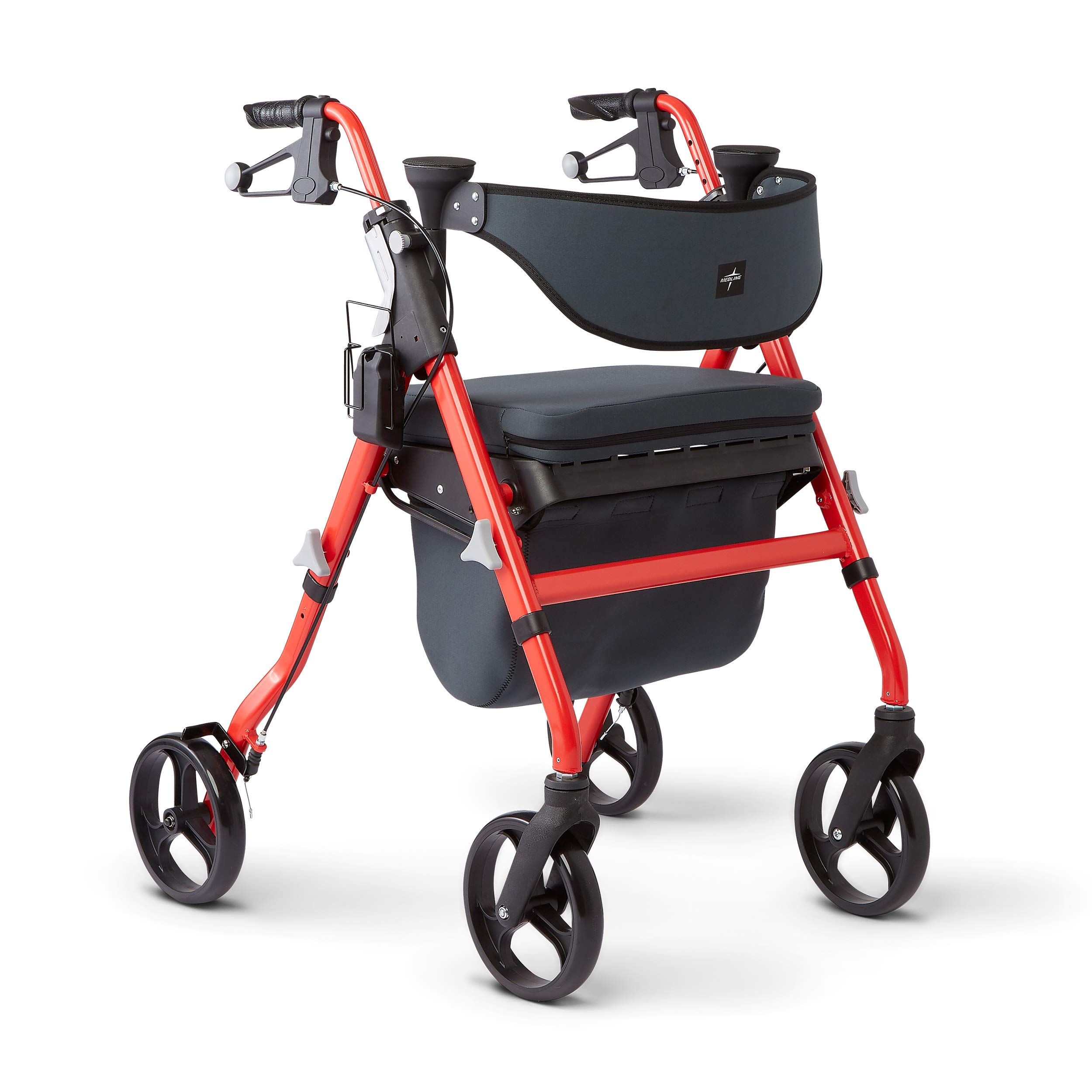 Medline Premium Empower Rollator Walker with Seat, Comfort Handles and Thick Backrest, Folding Walker for Seniors, Microban Antimicrobial Protection, 8" Wheels, Red Frame