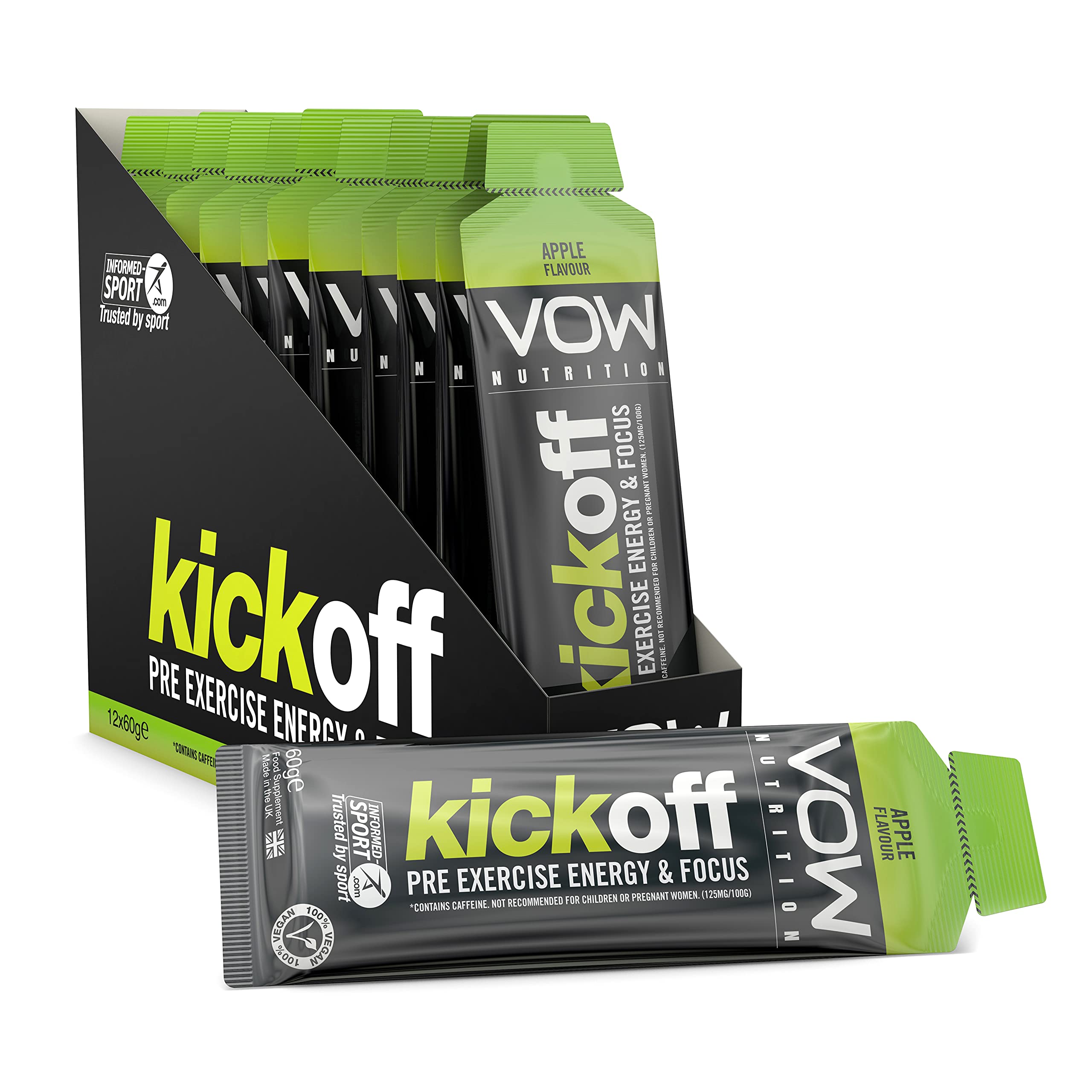 Vow Kick Off x 12 60g Energy Gels with 75mg Caffeine, 22g Carbohydrates, Apple Flavour, Informed Sports Approved, Carb Gel, Sports Gel, Cycling, Running, Soccer, Rugby, Football Supplements