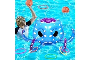 Octopus Pool Toys, 2-in-1 Kids Inflatable Basketball Hoop & Ring Toss Yard Games, Family Party Indoor Outdoor Water Play, Coo