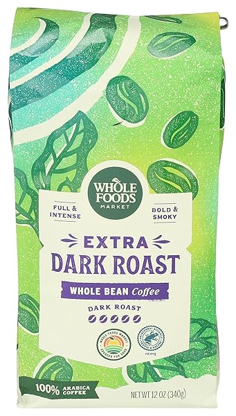 WHOLE FOODS MARKET, EXTRA DARK ROAST WHOLE BEAN COFFEE, FULL & INTENSE, BOLD & SMOKY, 12 OUNCE