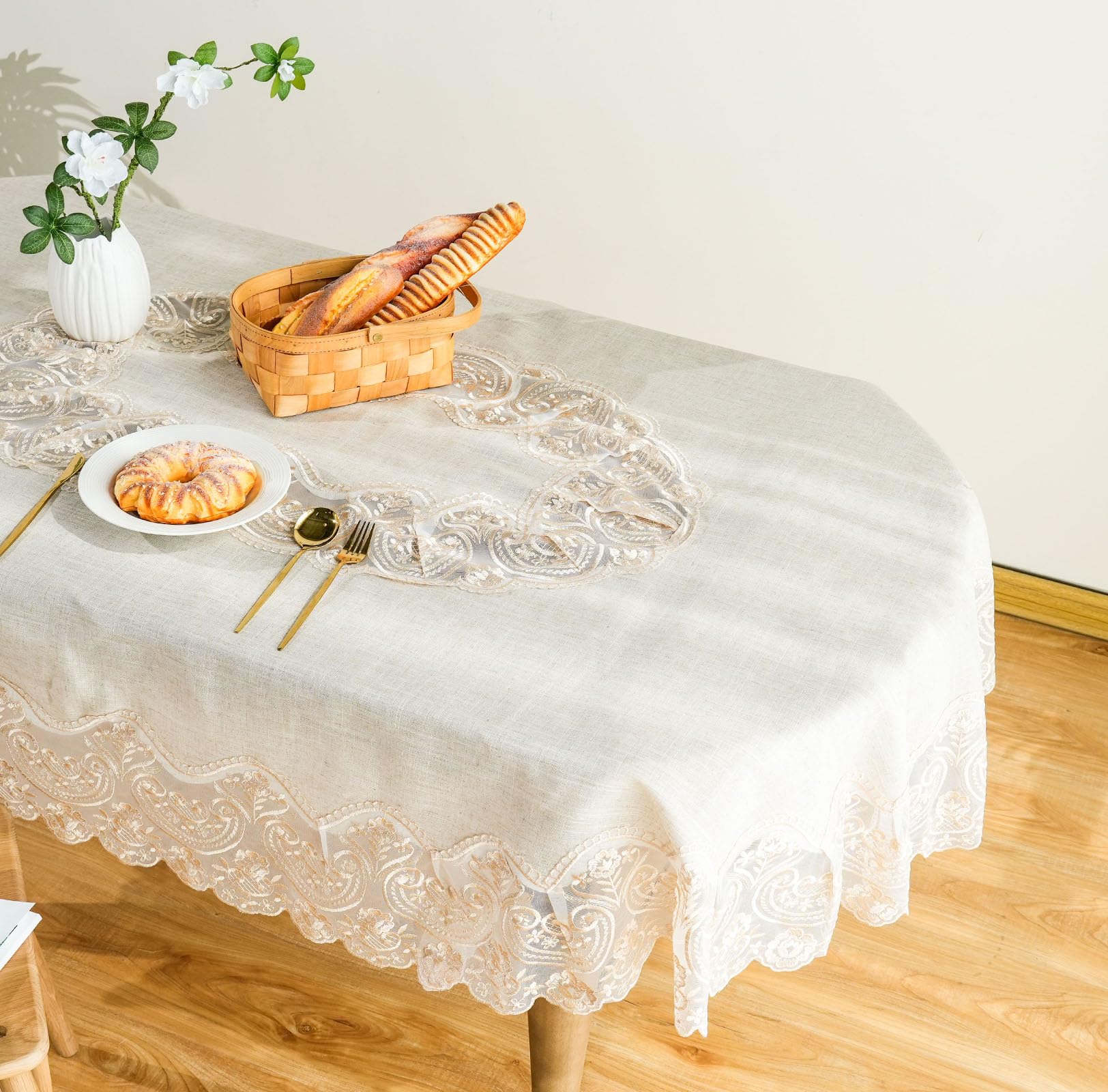 Photo 1 of OOKSEN Lace Tablecloth, Farmhouse Linen Tablecloth for Oval Table, Vintage Oval Tablecloth Rustic Table Cover with Exquisite Macrame Border for Kitchen Dining Table (Linen, 60 x 120 inch)