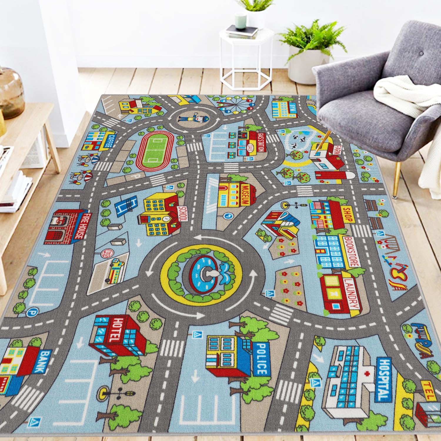 Photo 1 of Kids Rug 6'6" x 5'0" City Life Playmat Area Rug Car City Map Washable Traffic Road Educational Learning Nursery Rug Carpet for Children Playroom Living Room Bedroom Classroom Decor Blue