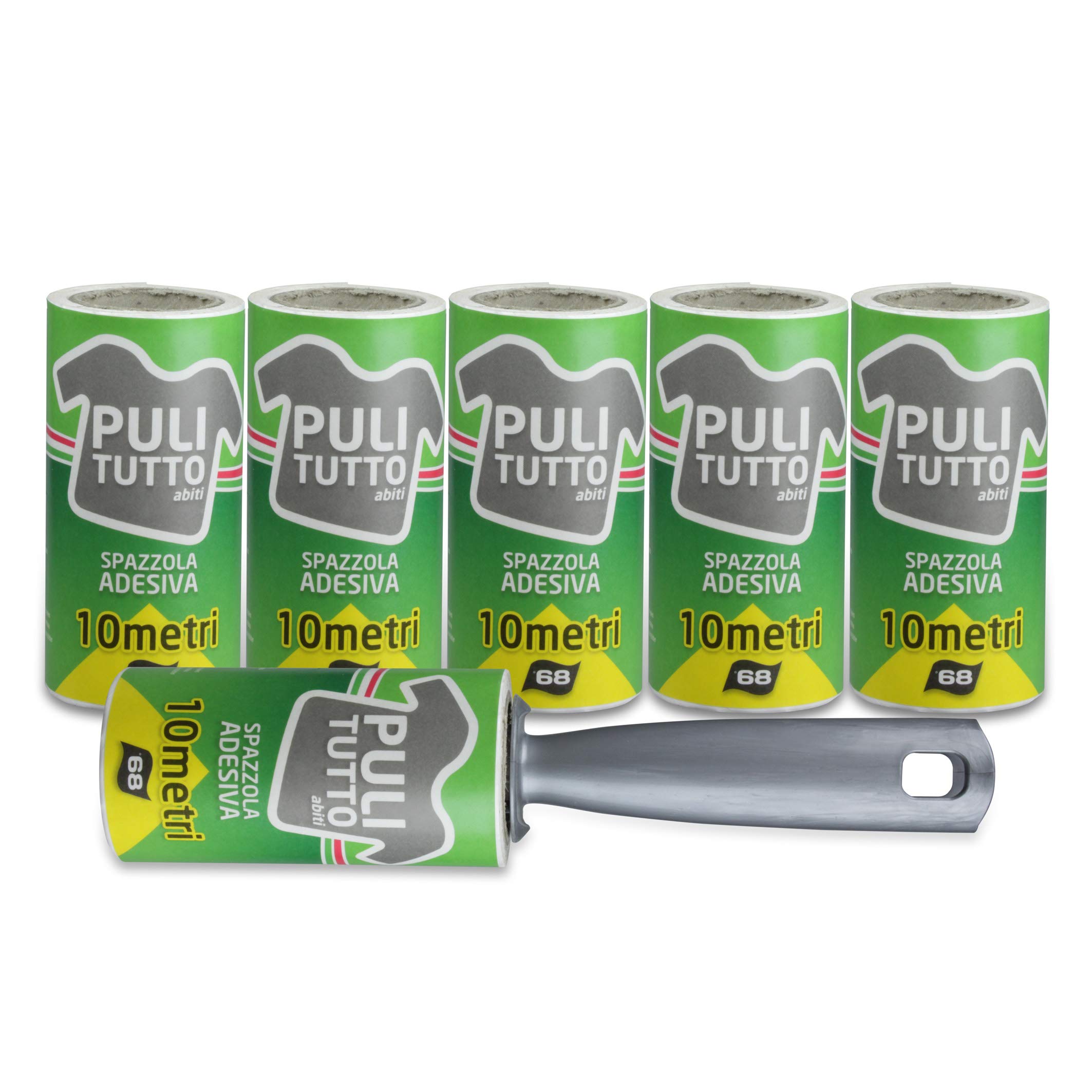 Sticky lint roller. Pet hair remover. 6 refill (68 pre-cut sheets). 60 metres long roll of sticky paper. Suitable for clothes, hair, pets, sofas, rugs, carpets, seats, lint, dust. 100% made in Italy.