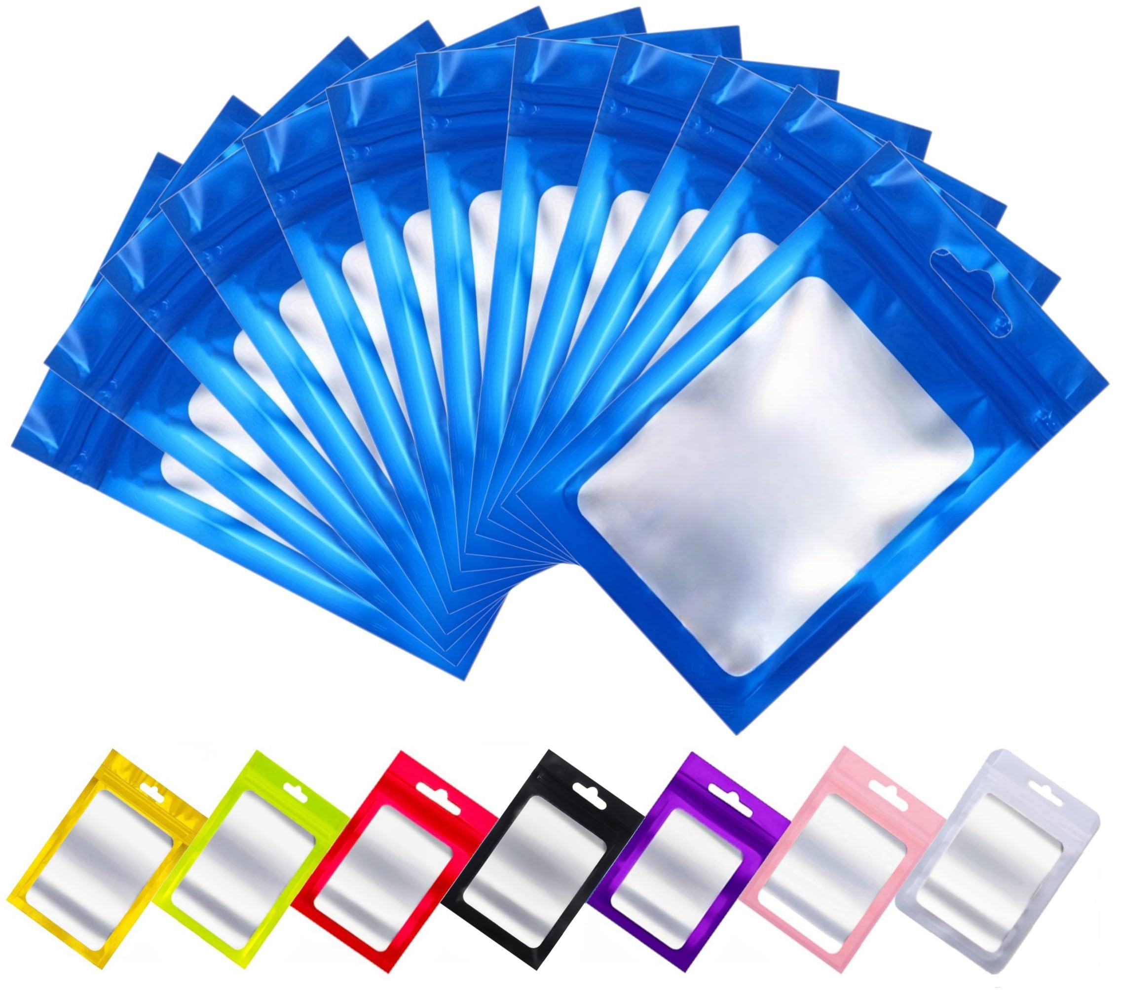 Rimiko 50pcs Resealable Mylar Bags With Clear Window, Ziplock Sample With Hanging Hole, Aluminum Foil for Packaging, Retail, Food and Items Storage (Blue, 6.3"x9.4")