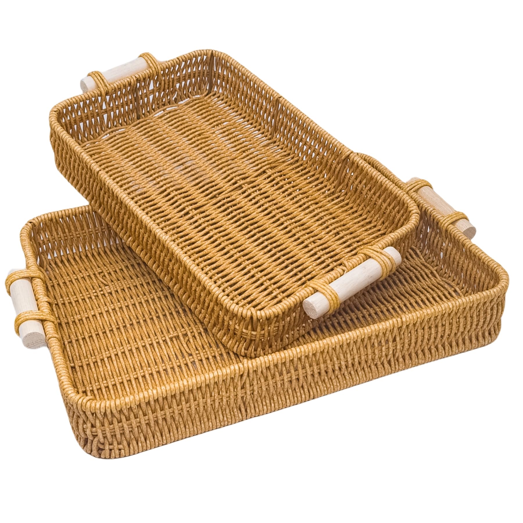 Photo 1 of GIB Woven Baskets Serving Trays with Handle, Small Rectangle PP Wicker Rattan Trays Bread Basket for Serving Food, Vegetables, Breakfast, Coffee Table Decor, 14" & 12", Set of 2