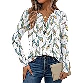 Dealmore Women's Boho Henley Shirts - Soft Stretch Long Sleeve Blouses, Casual Printed V-Neck Tunic Tops