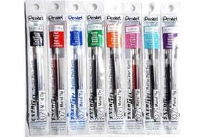 Pentel LR7 Refills for EnerGel Gel Pen, 0.7mm Metal Tip - Set of 8 Colors - Black, Blue, Red, Green, Orange, Pink, Sky Blue & Violet - Supplied Loose