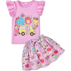 WINPOPLIS Girls Skirt Sets Ruffle Sleeve Shirt Tiered Layer Shirred Skirts Clothing Sets 2 Piece Summer Outfits for Kids