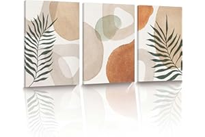 HesenDot Abstract Botanical Wall Art Set of 3, 30x40CM Neutral Plant Framed Canvas Prints, Beige Green Boho Aesthetic Wall De