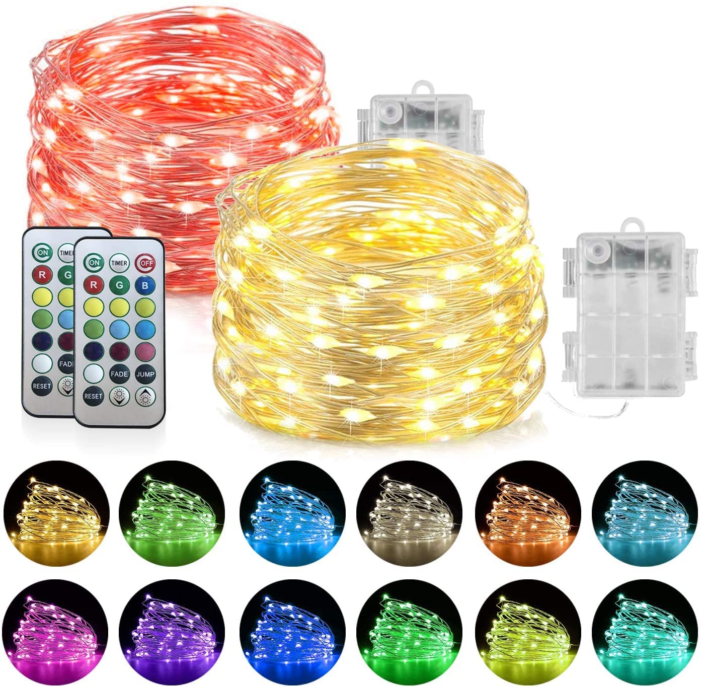 Homemory 2 Pack LED Fairy Lights, 6M 60LEDs Battery Powered Multicolor Changing String Lights with Remote Waterproof Silver Wire Outdoor Lights for Bedroom, Decoration-13 Colors