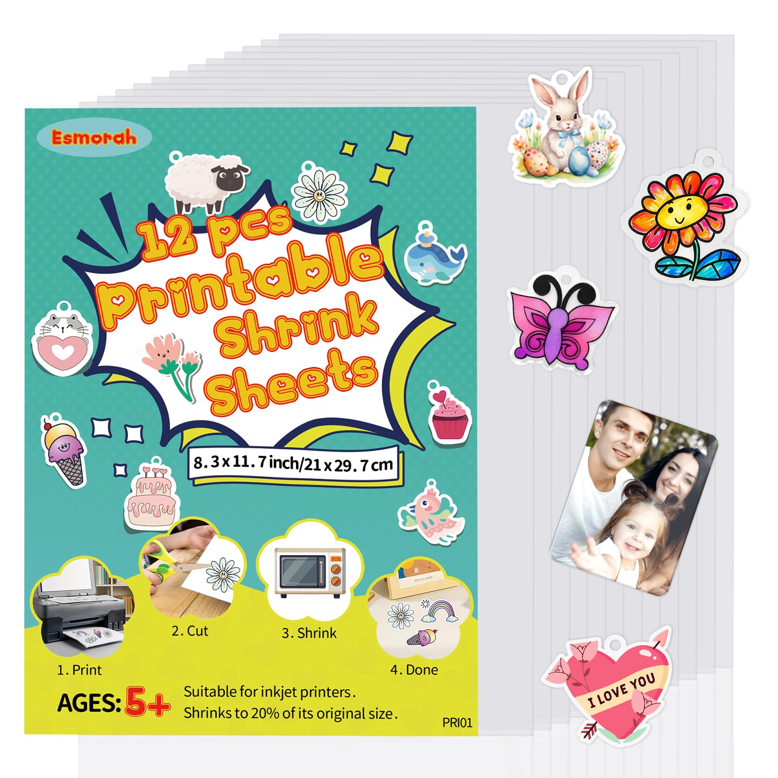 Photo 1 of 12 Pcs Printable Shrink Dink Sheets, A4 Semitransparent Shrink Plastic Paper for Inkjet Printer, Adults Kids DIY Keychain Making for Back-to-School, Valentine's&Mother's Day, Easter Ornaments & Gifts