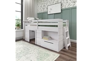 Max & Lily Loft Bed Twin Size, Solid Wood Low Loft Bed with Storage Drawer and Ladder, Modern Farmhouse Loft Bed for Kids, White Wash