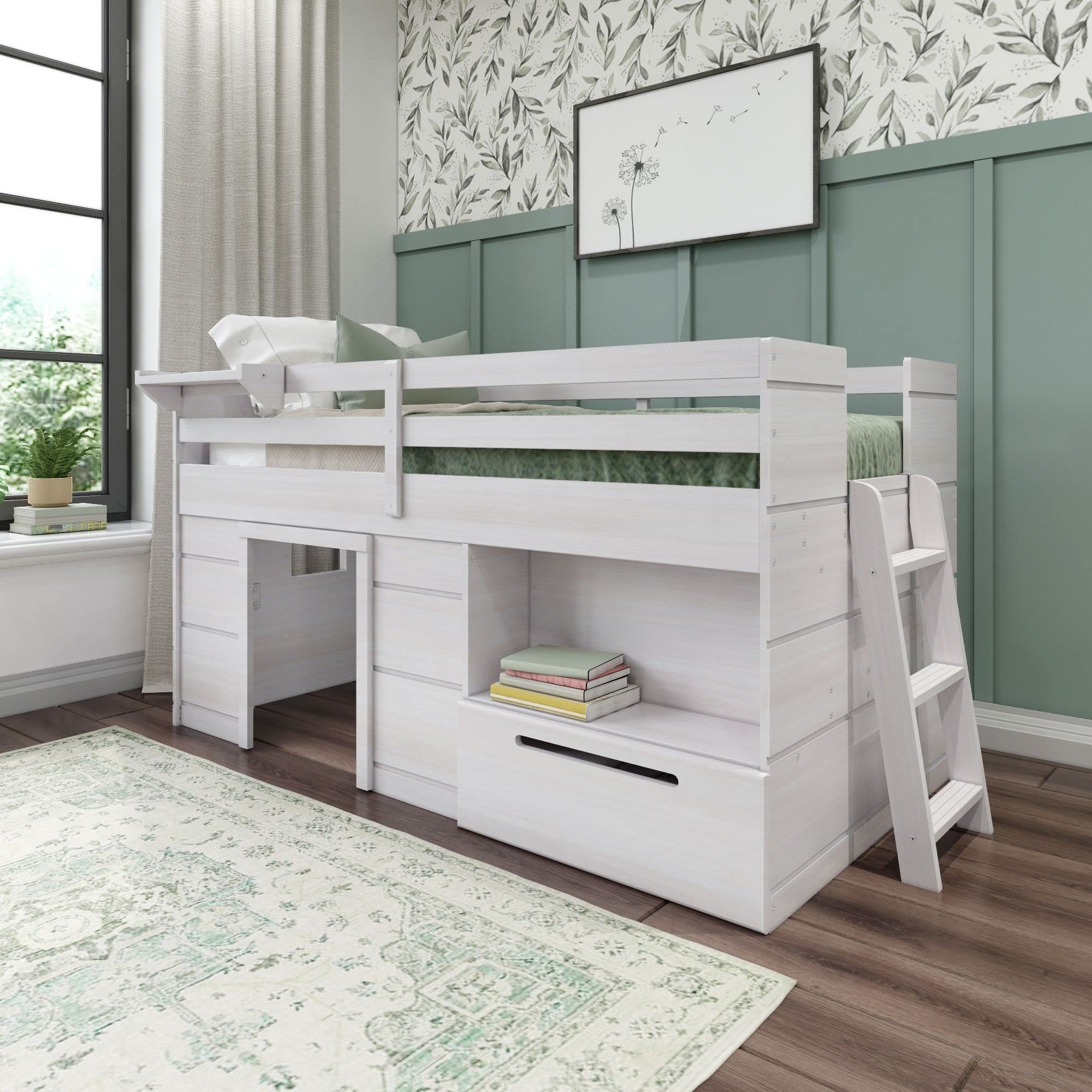 Photo 1 of [Missing Pieces/Partial Set] Max & Lily Loft Bed Twin Size, Solid Wood Low Loft Bed with Storage Drawer and Ladder, Modern Farmhouse Loft Bed for Kids, White Wash