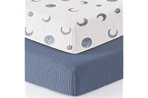 Bearmoss Muslin Mini Crib Sheets for Pack N Play Mattress - 100% Cotton - 38"x26" Soft Breathable Playard Baby Crib Sheets Neutral for Boys Girls - 2 Pack (Blue Crescent)
